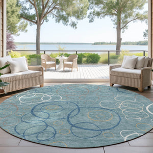 HomeRoots 8' Teal Blue Beige Geometric Area Rug - Stylish, Washable Design for Indoor & Outdoor Spaces! 690845