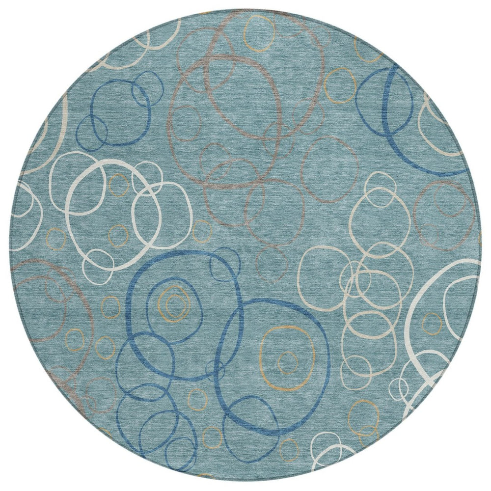HomeRoots 8' Teal Blue Beige Geometric Area Rug - Stylish, Washable Design for Indoor & Outdoor Spaces! 690845