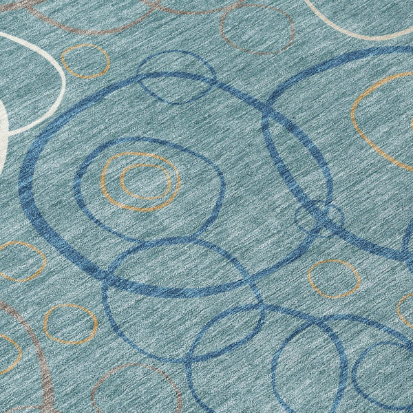 HomeRoots 8' Teal Blue Beige Geometric Area Rug - Stylish, Washable Design for Indoor & Outdoor Spaces! 690845