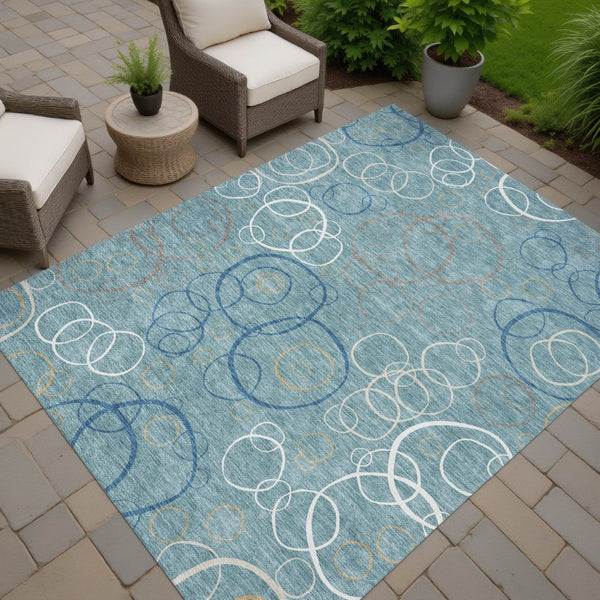 HomeRoots 9' X 12' Teal Blue Beige Ivory Geometric Rug - Durable, Washable, Stylish for Indoor & Outdoor Use 690847