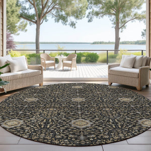 HomeRoots 8' Round Washable Oriental Area Rug in Black, Brown & Gray - Durable for Indoor & Outdoor Use! 690851
