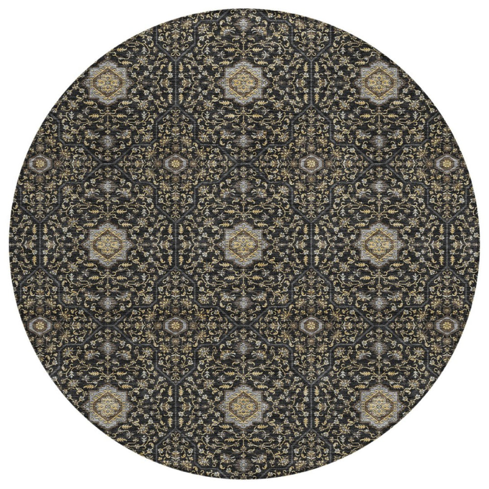 HomeRoots 8' Round Washable Oriental Area Rug in Black, Brown & Gray - Durable for Indoor & Outdoor Use! 690851
