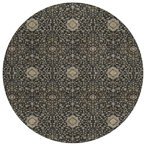 HomeRoots 8' Round Washable Oriental Area Rug in Black, Brown & Gray - Durable for Indoor & Outdoor Use! 690851