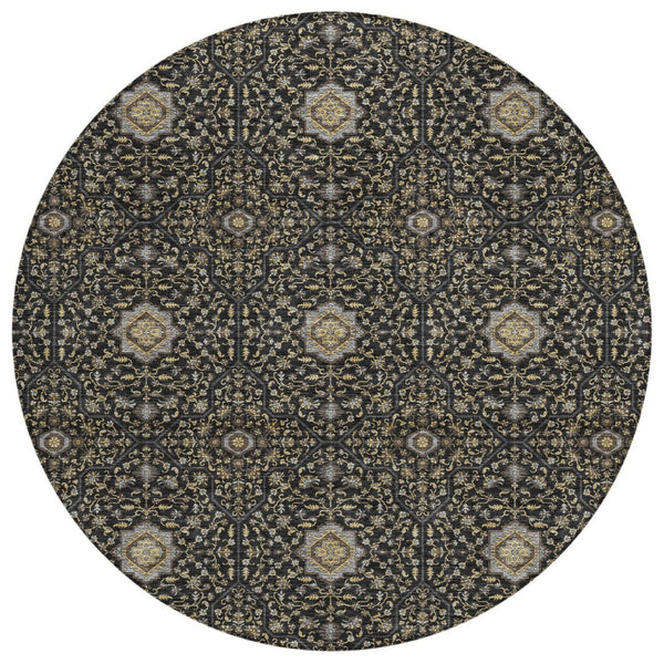 HomeRoots 8' Round Washable Oriental Area Rug in Black, Brown & Gray - Durable for Indoor & Outdoor Use! 690851