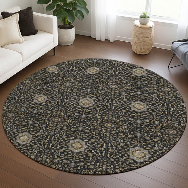 HomeRoots 8' Round Washable Oriental Area Rug in Black, Brown & Gray - Durable for Indoor & Outdoor Use! 690851