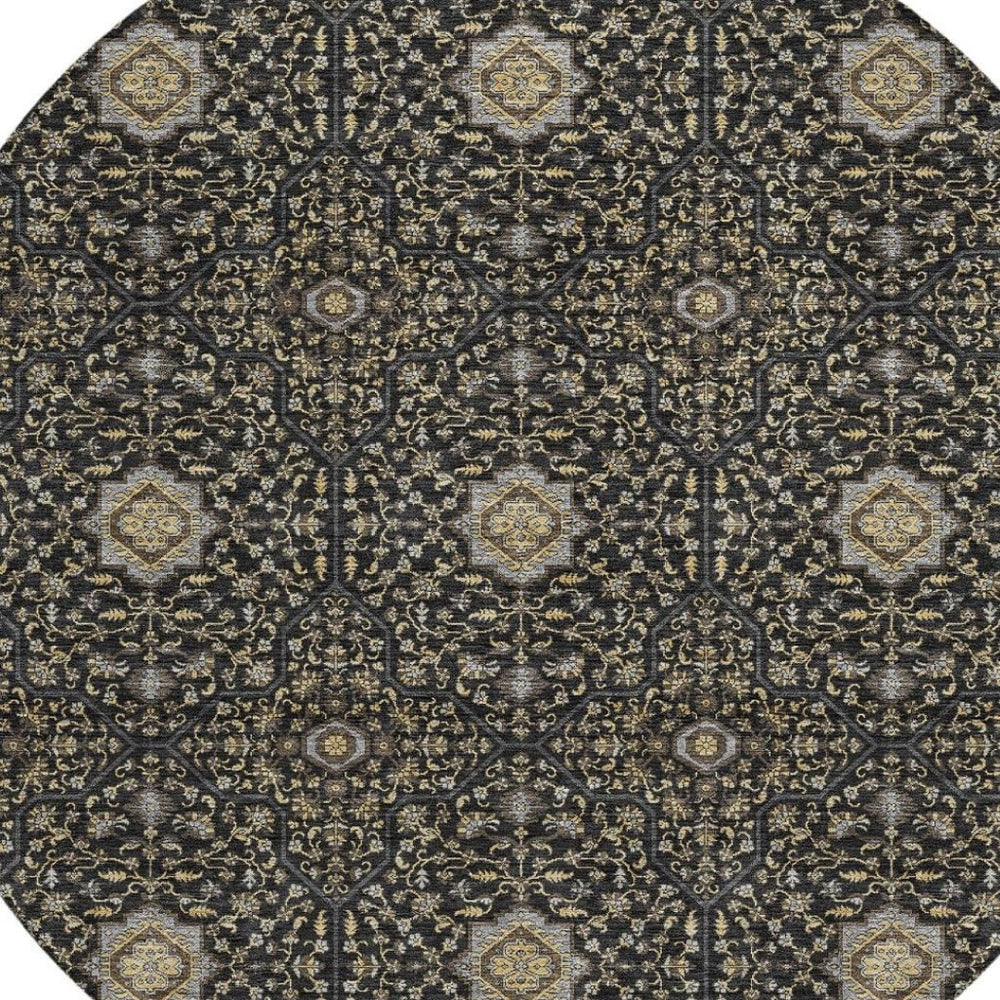 HomeRoots 8' Round Washable Oriental Area Rug in Black, Brown & Gray - Durable for Indoor & Outdoor Use! 690851