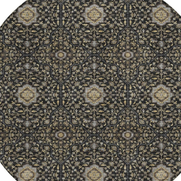 HomeRoots 8' Round Washable Oriental Area Rug in Black, Brown & Gray - Durable for Indoor & Outdoor Use! 690851