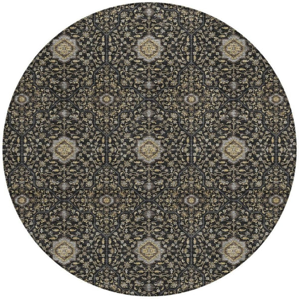 HomeRoots 8' Round Washable Oriental Area Rug in Black, Brown & Gray - Durable for Indoor & Outdoor Use! 690851