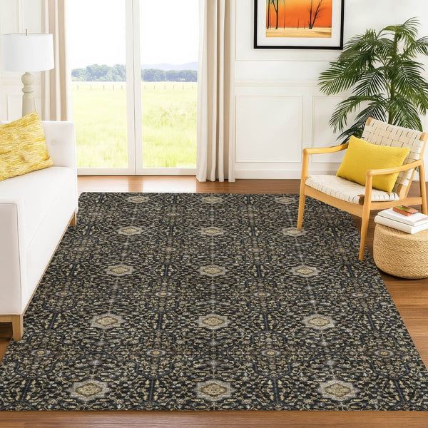 HomeRoots 9' X 12' Stylish Black Brown and Gray Oriental Area Rug – Washable, Durable for Indoor & Outdoor Use 690853