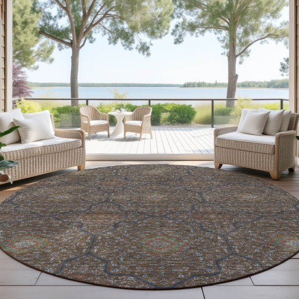 HomeRoots 8' Washable Round Oriental Area Rug in Chocolate Gray & Terra Cotta - Durable for Indoor/Outdoor Use 690857