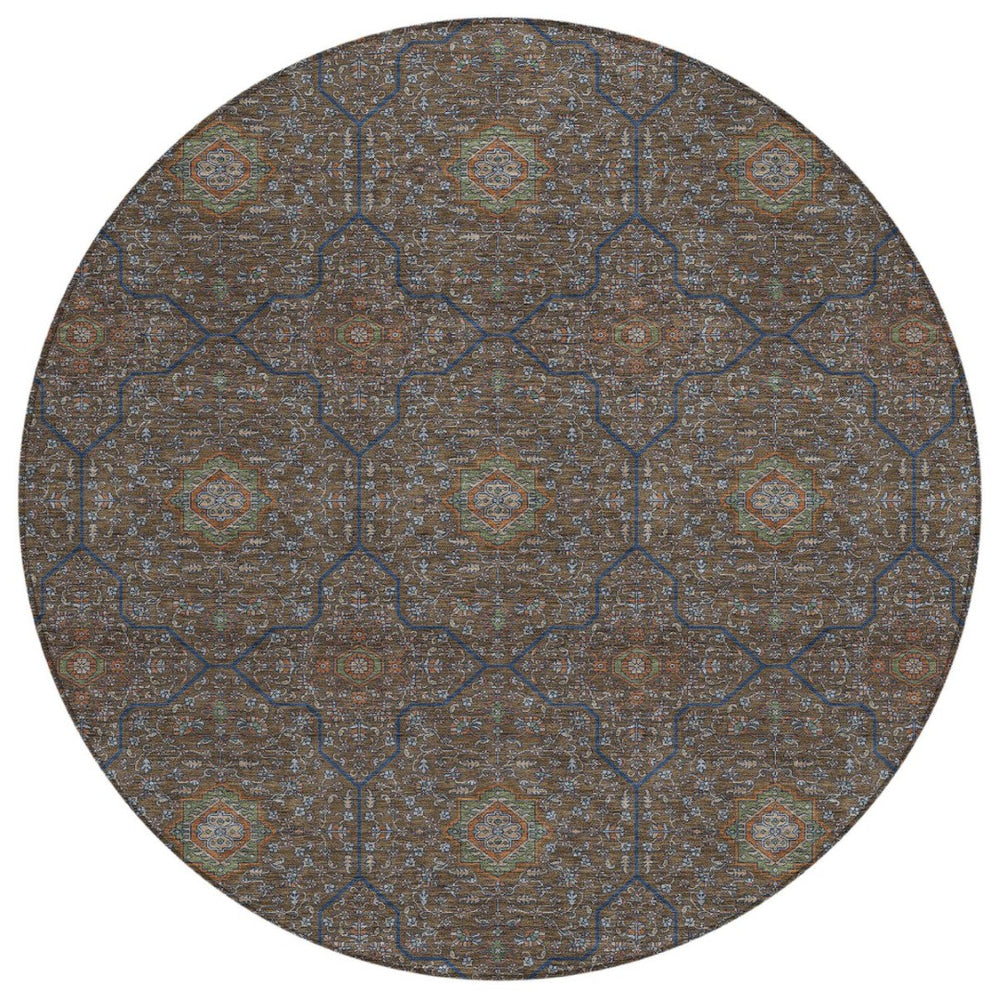 HomeRoots 8' Washable Round Oriental Area Rug in Chocolate Gray & Terra Cotta - Durable for Indoor/Outdoor Use 690857