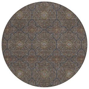 HomeRoots 8' Washable Round Oriental Area Rug in Chocolate Gray & Terra Cotta - Durable for Indoor/Outdoor Use 690857