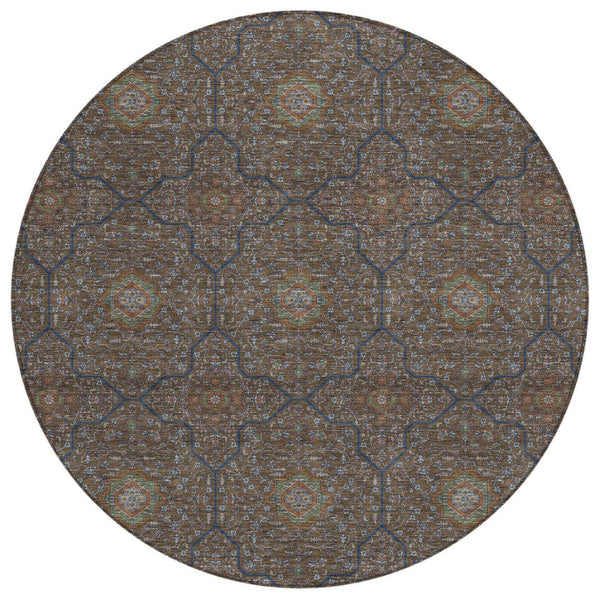 HomeRoots 8' Washable Round Oriental Area Rug in Chocolate Gray & Terra Cotta - Durable for Indoor/Outdoor Use 690857