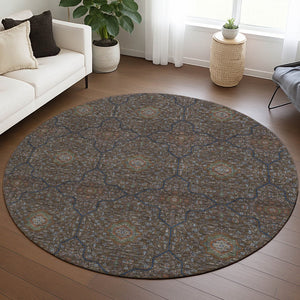 HomeRoots 8' Washable Round Oriental Area Rug in Chocolate Gray & Terra Cotta - Durable for Indoor/Outdoor Use 690857
