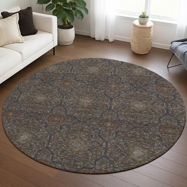 HomeRoots 8' Washable Round Oriental Area Rug in Chocolate Gray & Terra Cotta - Durable for Indoor/Outdoor Use 690857