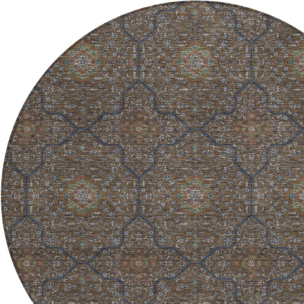 HomeRoots 8' Washable Round Oriental Area Rug in Chocolate Gray & Terra Cotta - Durable for Indoor/Outdoor Use 690857