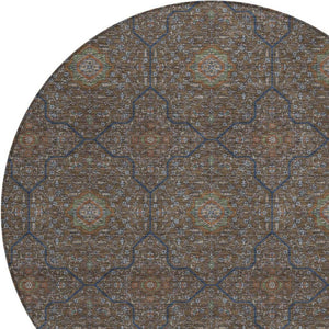 HomeRoots 8' Washable Round Oriental Area Rug in Chocolate Gray & Terra Cotta - Durable for Indoor/Outdoor Use 690857