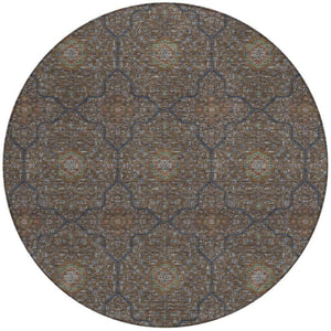 HomeRoots 8' Washable Round Oriental Area Rug in Chocolate Gray & Terra Cotta - Durable for Indoor/Outdoor Use 690857