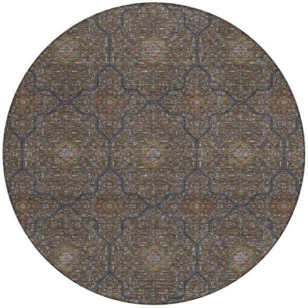 HomeRoots 8' Washable Round Oriental Area Rug in Chocolate Gray & Terra Cotta - Durable for Indoor/Outdoor Use 690857