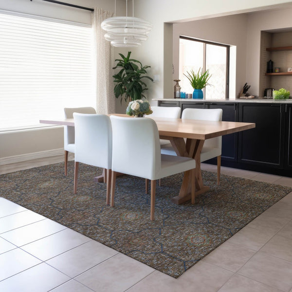 HomeRoots 9' Durable Chocolate Gray & Terra Cotta Oriental Washable Area Rug for Indoor/Outdoor Spaces 690859