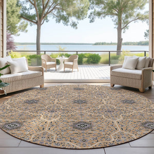 HomeRoots 8' Copper Black and Brown Round Oriental Washable Area Rug - Durable, Stylish for Indoor & Outdoor Use 690863