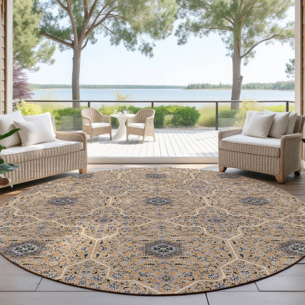 HomeRoots 8' Copper Black and Brown Round Oriental Washable Area Rug - Durable, Stylish for Indoor & Outdoor Use 690863