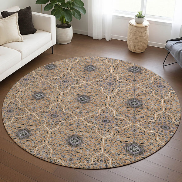 HomeRoots 8' Copper Black and Brown Round Oriental Washable Area Rug - Durable, Stylish for Indoor & Outdoor Use 690863