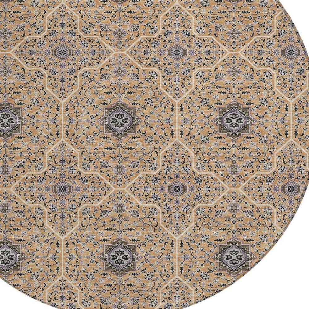 HomeRoots 8' Copper Black and Brown Round Oriental Washable Area Rug - Durable, Stylish for Indoor & Outdoor Use 690863