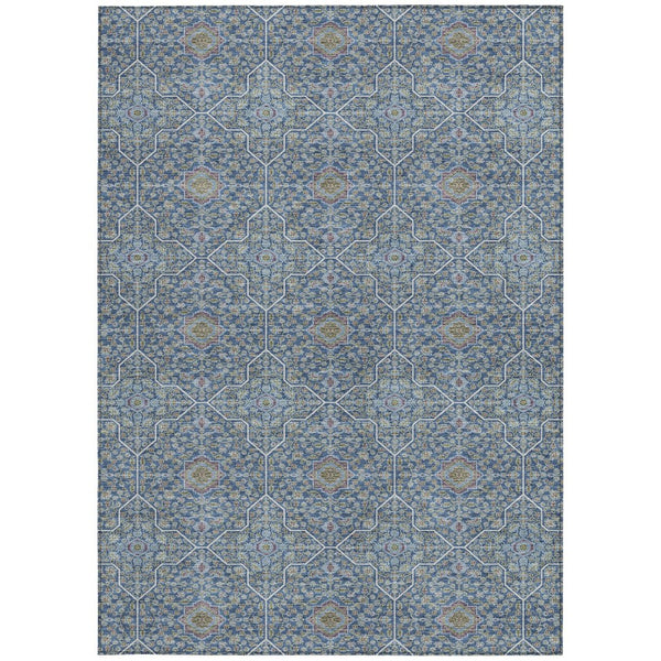 HomeRoots 5' Navy Blue, Ivory, and Plum Oriental Area Rug - Washable, Durable, Non-Slip for Indoor & Outdoor Use 690868