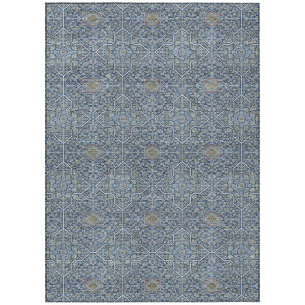 HomeRoots 5' Navy Blue, Ivory, and Plum Oriental Area Rug - Washable, Durable, Non-Slip for Indoor & Outdoor Use 690868