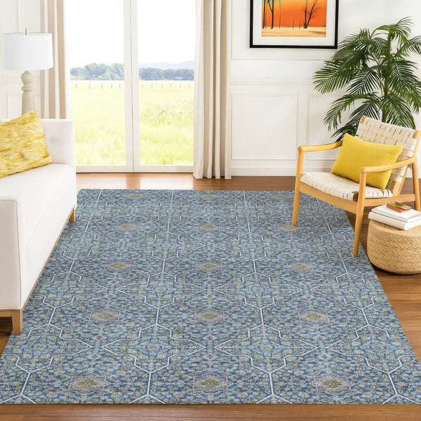 HomeRoots 5' Navy Blue, Ivory, and Plum Oriental Area Rug - Washable, Durable, Non-Slip for Indoor & Outdoor Use 690868