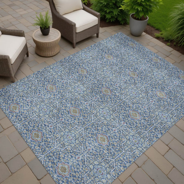 HomeRoots 5' Navy Blue, Ivory, and Plum Oriental Area Rug - Washable, Durable, Non-Slip for Indoor & Outdoor Use 690868