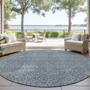 HomeRoots 8' Navy Blue, Ivory & Plum Round Oriental Area Rug - Stylish, Washable, Durable for Indoor & Outdoor Use 690869