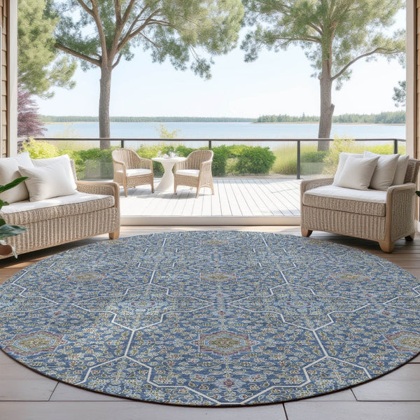 HomeRoots 8' Navy Blue, Ivory & Plum Round Oriental Area Rug - Stylish, Washable, Durable for Indoor & Outdoor Use 690869