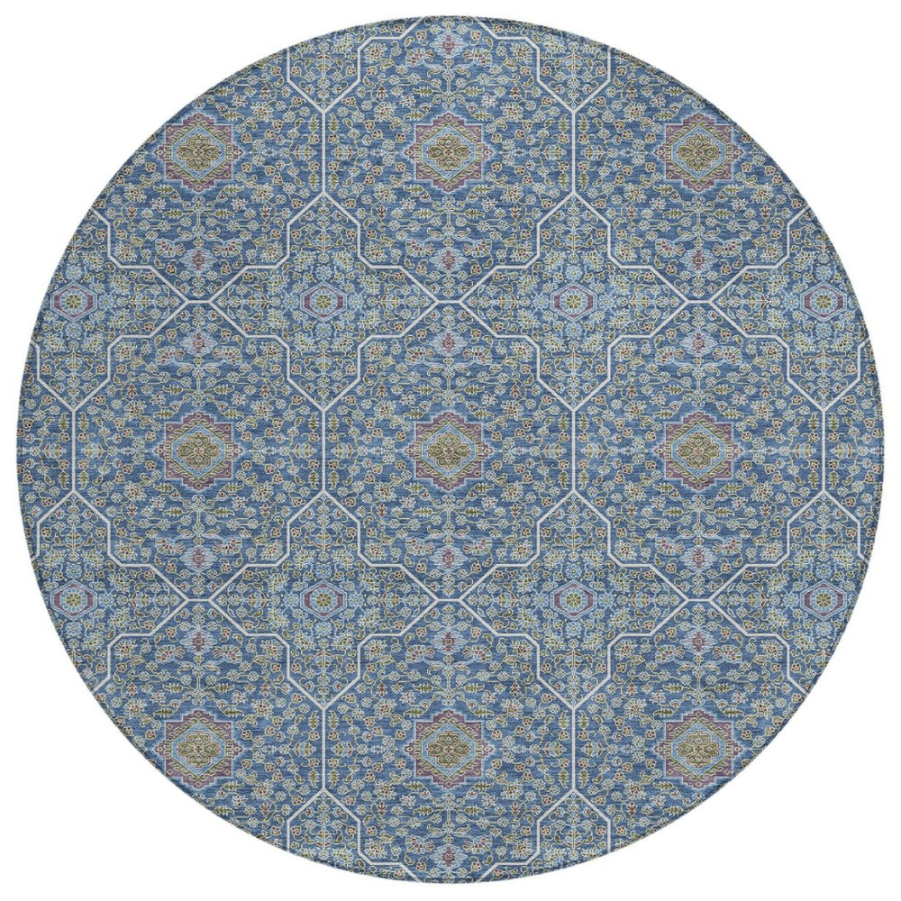 HomeRoots 8' Navy Blue, Ivory & Plum Round Oriental Area Rug - Stylish, Washable, Durable for Indoor & Outdoor Use 690869