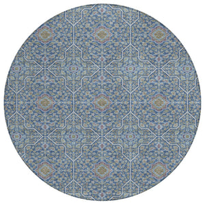HomeRoots 8' Navy Blue, Ivory & Plum Round Oriental Area Rug - Stylish, Washable, Durable for Indoor & Outdoor Use 690869