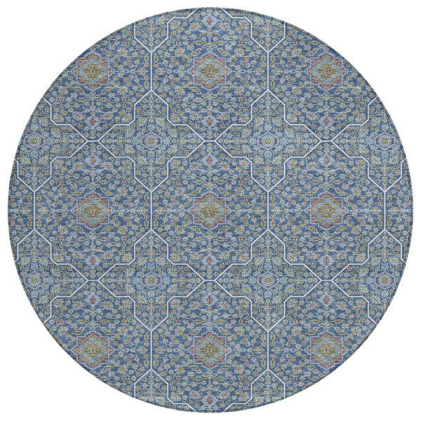 HomeRoots 8' Navy Blue, Ivory & Plum Round Oriental Area Rug - Stylish, Washable, Durable for Indoor & Outdoor Use 690869