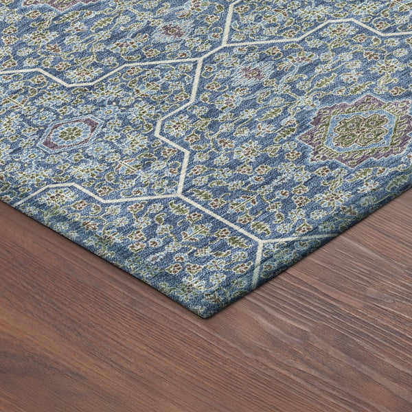 HomeRoots 8' Navy Blue, Ivory & Plum Round Oriental Area Rug - Stylish, Washable, Durable for Indoor & Outdoor Use 690869