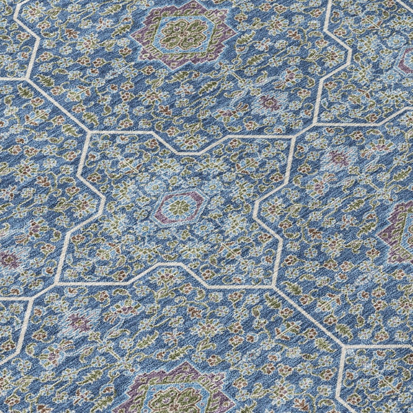 HomeRoots 8' Navy Blue, Ivory & Plum Round Oriental Area Rug - Stylish, Washable, Durable for Indoor & Outdoor Use 690869