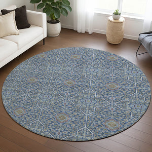 HomeRoots 8' Navy Blue, Ivory & Plum Round Oriental Area Rug - Stylish, Washable, Durable for Indoor & Outdoor Use 690869