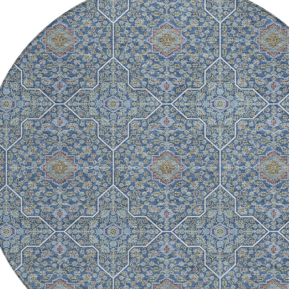 HomeRoots 8' Navy Blue, Ivory & Plum Round Oriental Area Rug - Stylish, Washable, Durable for Indoor & Outdoor Use 690869