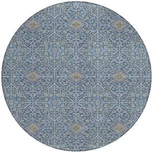 HomeRoots 8' Navy Blue, Ivory & Plum Round Oriental Area Rug - Stylish, Washable, Durable for Indoor & Outdoor Use 690869
