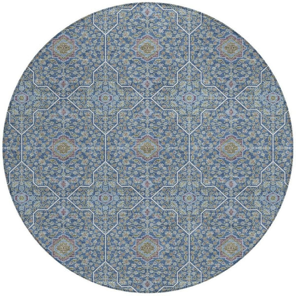 HomeRoots 8' Navy Blue, Ivory & Plum Round Oriental Area Rug - Stylish, Washable, Durable for Indoor & Outdoor Use 690869