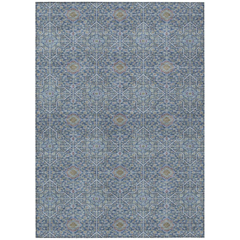 HomeRoots 8' X 10' Navy Blue, Ivory & Plum Oriental Rug - Washable, Durable, Indoor/Outdoor for High-Traffic Areas 690870