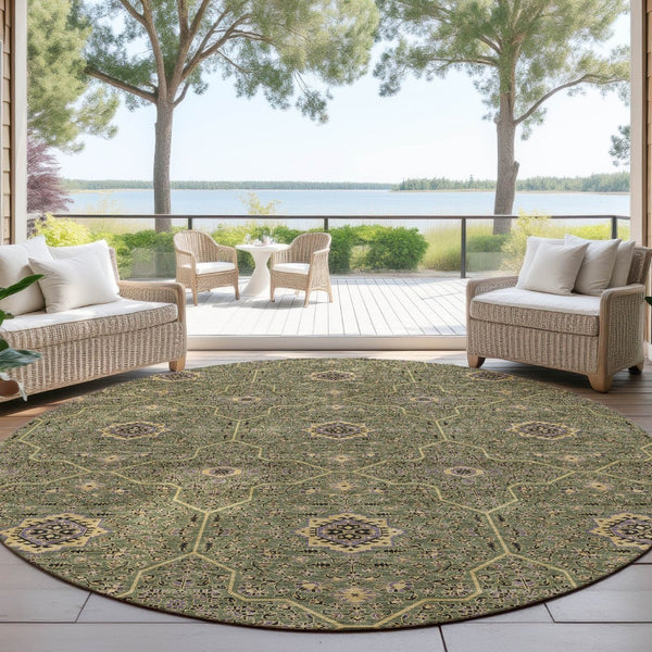 HomeRoots 8' Olive Green Round Area Rug - Gold & Black Oriental Design, Washable for Indoor & Outdoor Use 690875
