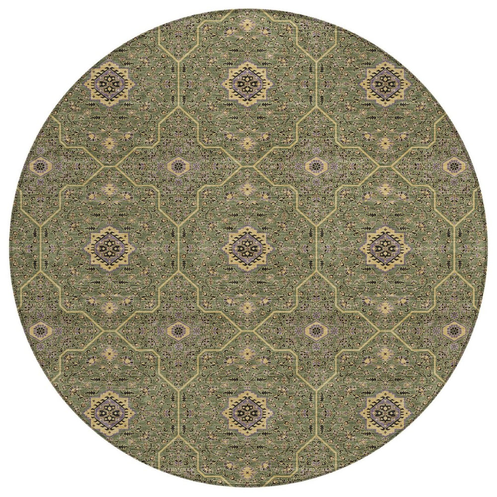 HomeRoots 8' Olive Green Round Area Rug - Gold & Black Oriental Design, Washable for Indoor & Outdoor Use 690875