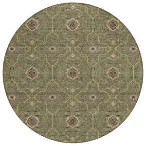 HomeRoots 8' Olive Green Round Area Rug - Gold & Black Oriental Design, Washable for Indoor & Outdoor Use 690875
