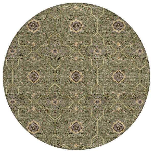 HomeRoots 8' Olive Green Round Area Rug - Gold & Black Oriental Design, Washable for Indoor & Outdoor Use 690875