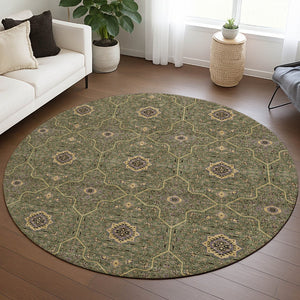 HomeRoots 8' Olive Green Round Area Rug - Gold & Black Oriental Design, Washable for Indoor & Outdoor Use 690875