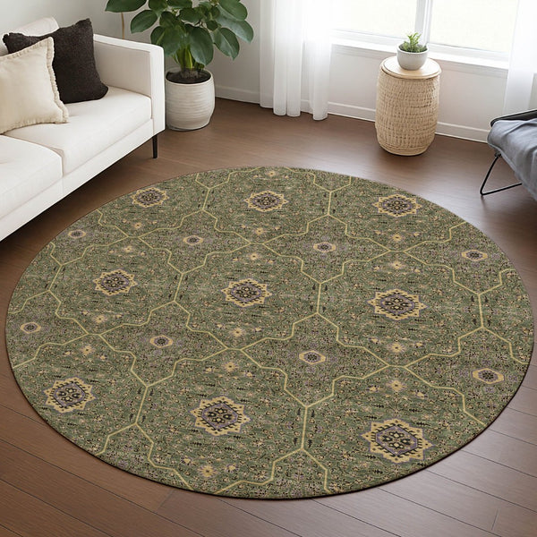 HomeRoots 8' Olive Green Round Area Rug - Gold & Black Oriental Design, Washable for Indoor & Outdoor Use 690875